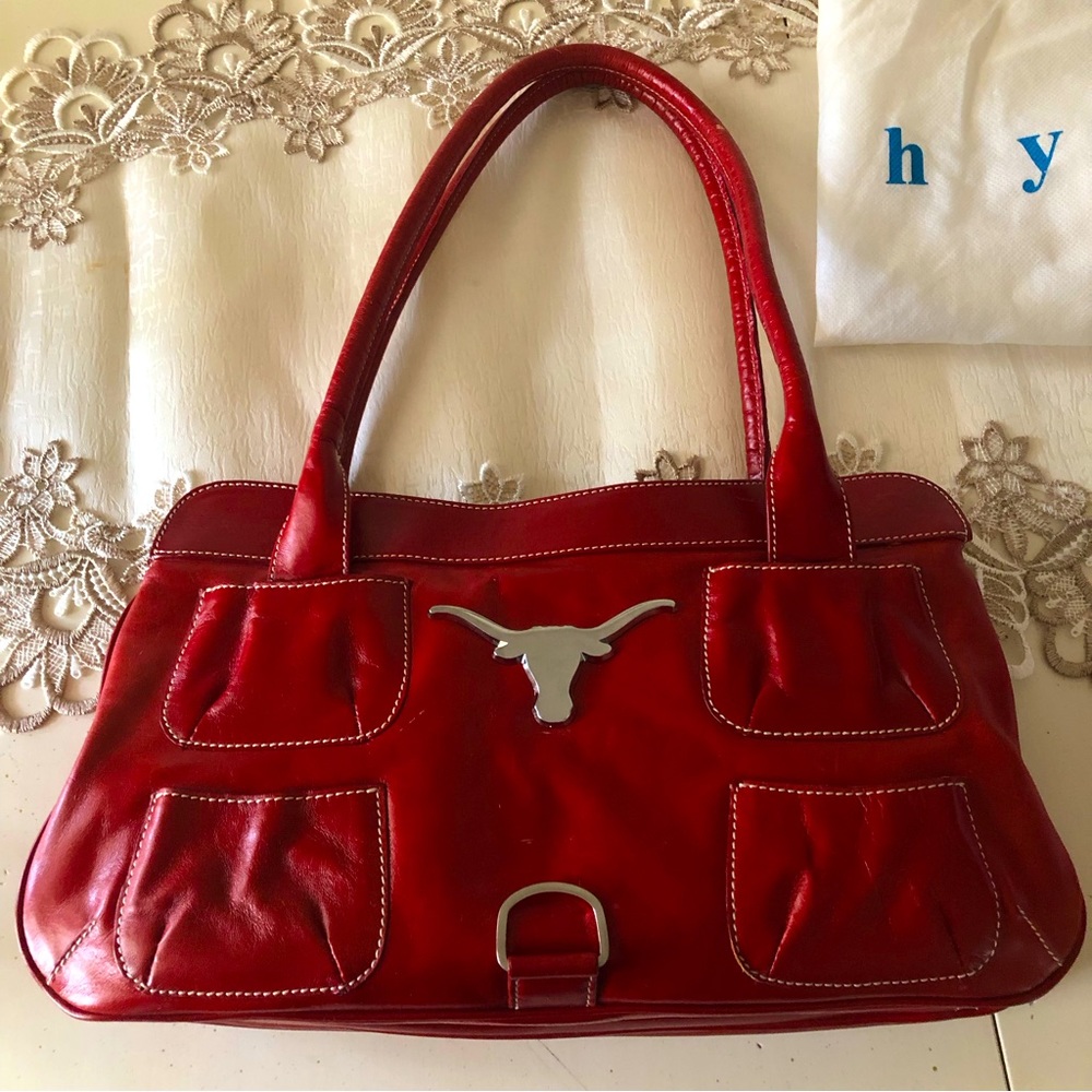 Vintage Red genuine leather 2 handles shoulder bag Western Red Shoulder Baguette